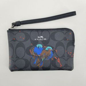Coach Signature Print Black and Grey Small Wristlet With Bird Print
